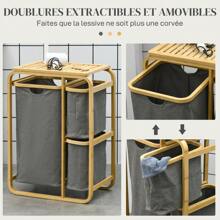 HOMCOM Panier à linge panier de rangement corbeille à linge bac linge en bambou 3 paniers amovibles et coulissants en non-tissé - 49l x 33P x 70H cm gris - Beige - Voir 4