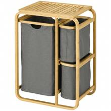 HOMCOM Panier à linge panier de rangement corbeille à linge bac linge en bambou 3 paniers amovibles et coulissants en non-tissé - 49l x 33P x 70H cm gris - Beige - Voir 8