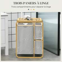 HOMCOM Panier à linge panier de rangement corbeille à linge bac linge en bambou 3 paniers amovibles et coulissants en non-tissé - 49l x 33P x 70H cm gris - Beige - Voir 6
