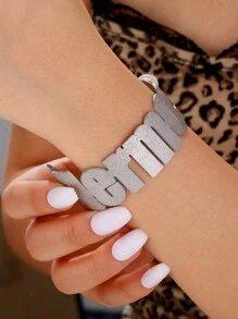 Customizable Shiny Name Charm Bangle Bracelet, Adjustable Big Cuff Bracelet, Unisex Hiphop Stainless Steel Handmade Calligraphy Letter Bracelet, Unique Classic Cuff Bracelet For Party, Family, Holiday Gift