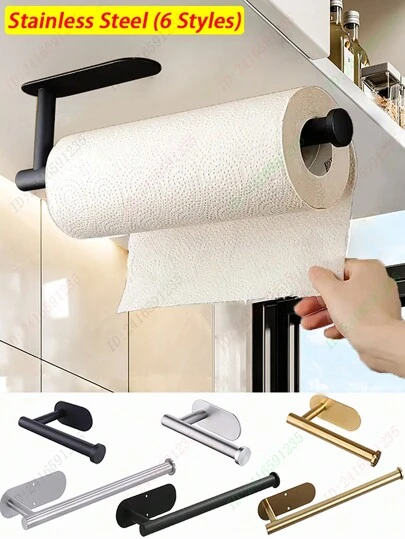 16/33cm Paper Towel Holders For Kitchen,Plastic Wrap Stand,AdhesiveToilet Paper Holder,Tissue Dispenser,Napkin Rack,Cabinet Storage Organizer,Towel Rack,Rags Hanger,Dish ,Available In Adhesive And Screws,Stainless Steel,Kitchen Wall Shelf,Kitchen Storage Supplies,Bathroom Accessories Back To School