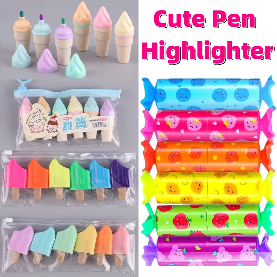 6 Packs Small Highlighter Chisel Tip Marker Pen - Cute Candy Ice Cream Popsicle Shape Highlighter For Party Birthday Drawing Poster Diary Greeting Card DIY Crafts Office School Supplies For Christmas, New Year, Thanksgiving Gifts - Multicolor - View 1