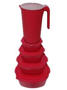 kit potes ovais com tampa vermelho 4 potes e 1 jarra