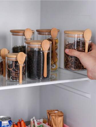 1 doorzichtige plastic theebus met bamboelepel en luchtdichte deksel, theebus, koffiereservoir, vochtbestendige, afgesloten container voor keukenopslag en -organisatie, voedselbewaarpot voor suiker, specerijen, bloem, suiker, noten, ontbijtgranen, badzouten en meer, keukengadgets voor terug naar school