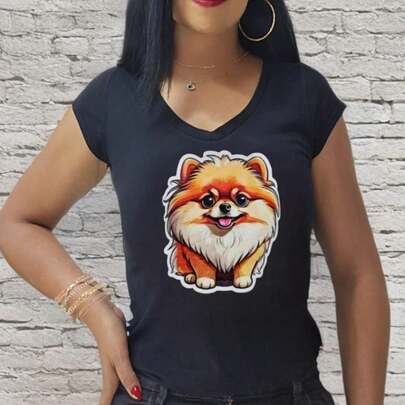 Playera cuello en v POLIÉSTER  ,logo de perrito pomerania