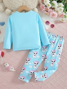 Ensemble de pyjama à manches longues avec motif mignon de chat de dessin animé pour filles, vêtements d'intérieur confortables pour le printemps et l'automne - Bleu ciel - Voir 2