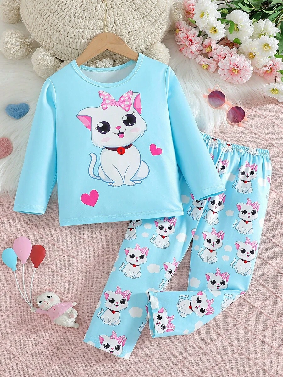 Ensemble de pyjama à manches longues avec motif mignon de chat de dessin animé pour filles, vêtements d'intérieur confortables pour le printemps et l'automne - Bleu ciel - Voir 1