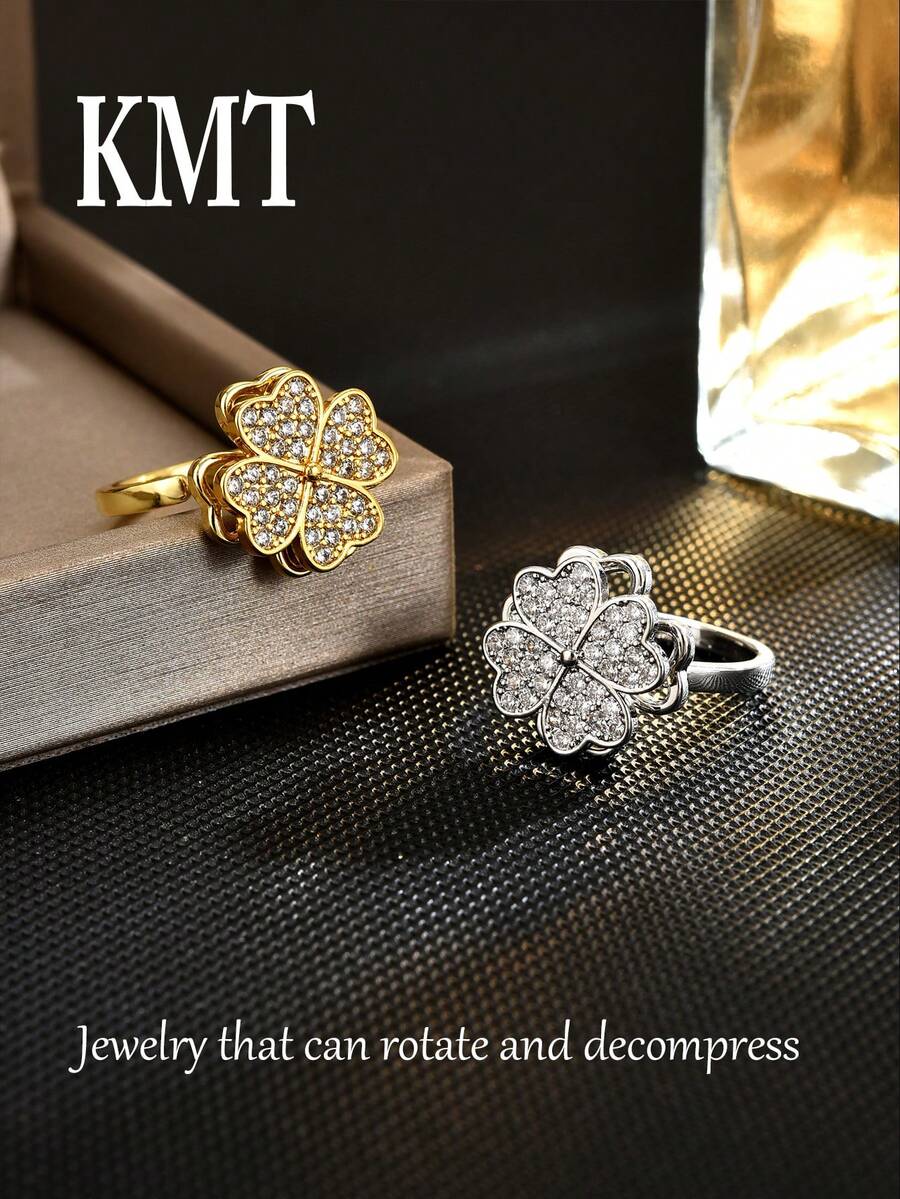 KMT 1 件铜方晶锆石四叶草心形旋转戒指，时尚女士珠宝礼盒