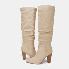 Botas altas para mujer TINSTREE, puntera afilada, de tira, con tacón grueso, botines de invierno - Beis - Ver 3