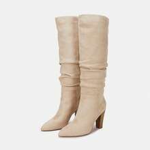 Botas altas para mujer TINSTREE, puntera afilada, de tira, con tacón grueso, botines de invierno - Beis - Ver 4