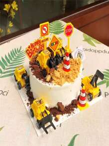 5/6 Construction Cake Decoration Vehicle Cake Decoration Set Excavator Cupcake Decoration Traffic And Road Signs Decoration Happy Birthday Party Supplies Gift