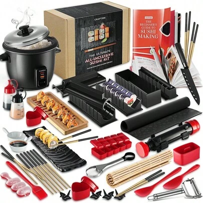 Sushi Making Kit - 42Pcs Sushi Maker Kit With Bazooka Roller, Rice Cooker, Onigiri, Nigiri & Musubi Mold, Rice Ball Mold, Bamboo Rolling Mat, Knife, Guide Book & More