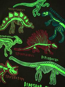 Little Bitty 儿童休闲户外卡通恐龙与夜光花朵图案圆领长袖T恤上衣，适合秋冬 - 棕色 - 查看 6