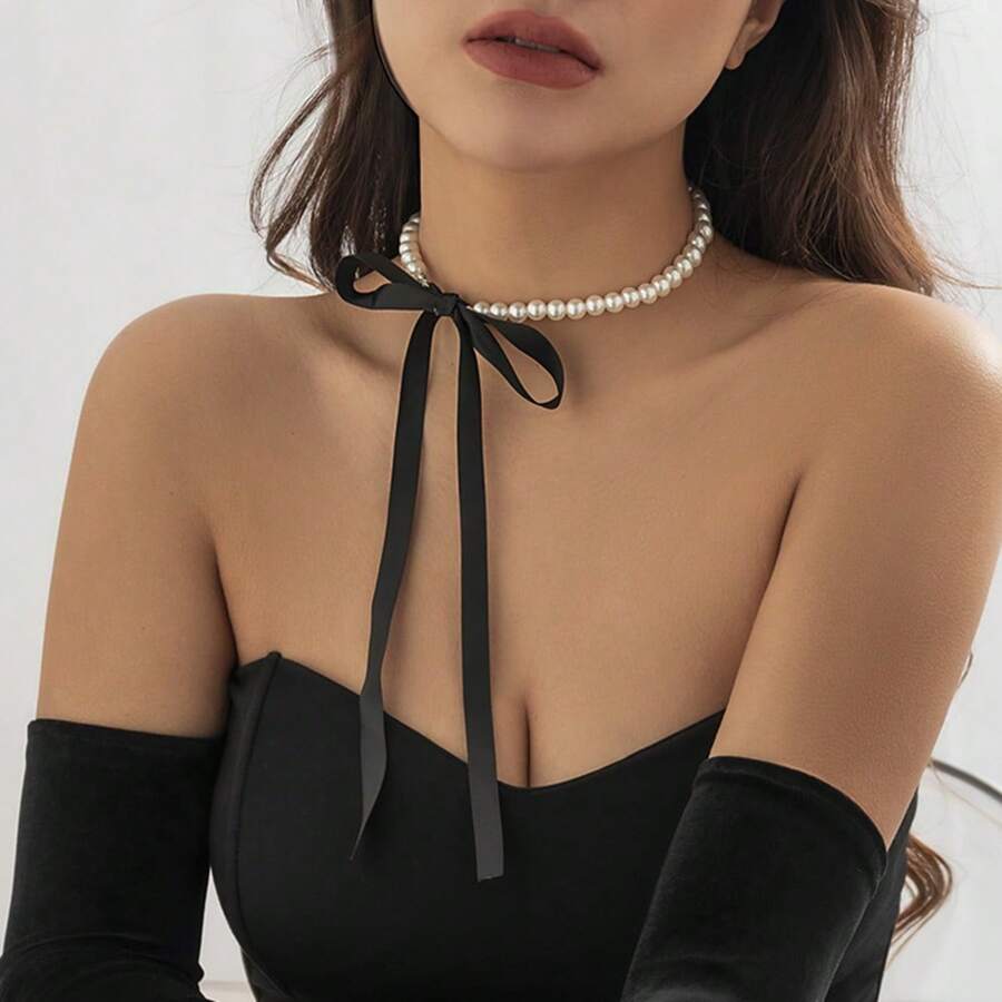 复古法式天鹅绒仿珍珠领结吊坠项链首饰情人节、妈妈、母亲、母亲节、礼物