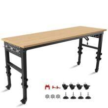 72" *24'' Adjustable Workbench, Rolling Heavy-Duty Worktable With Power Outlet And Wheels, Large Load Capacity Rubber Wood Top Workbench For Garage, Office, Workshop, Home, Easy Assembly - 黑色 - 查看 1