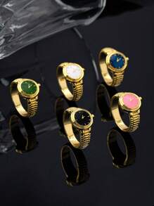 1pc 18K Gold Plated Copper Faux Watch Model Ring, High Quality Elegant Niche Fashion Design Enamel Coated Ring, Time Stopped At 13:14, Mother's Day Gift (Hands Do Not Move)