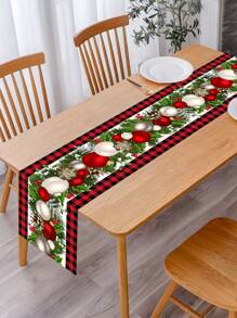 1pc Christmas Decorations Table Runner, Christmas Polyester Tablecloth, Red Checkered Christmas Balls Baubles Floral Vine Design, Table Cover Table Flag Perfect For 2025 Christmas Home Decoration, Happy 2026 New Year Christmas Party Table Decoration Supplies, Christmas Tabletop Decor, Christmas Decor