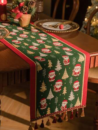 1pc Polyester Woven Christmas Table Runner, Multiple Sizes Available, Green Santa Claus Pattern With Vintage Tassel Pendant, Suitable For Elegant Holiday, Wedding, Christmas, Thanksgiving Decoration To Add Refinement To Your Dining Table