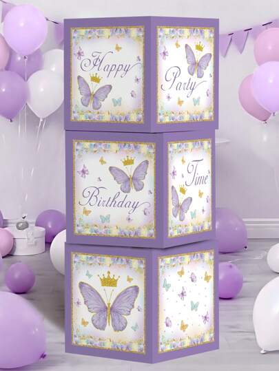 3pcs 27cm Purple Butterfly Shaped Birthday Party Backdrop Decoration Box, Butterfly Theme Happy Birthday Party Room Wall Backdrop Decor, Birthday Baby Party Balloon Storage Box
