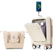 MERAX Front Opening 20-Inch Carry-On Luggage With Expandable Travel Bag Set, ABS Two-Piece Suitcase Set With USB Port, Cup Holder - Ivory and Gloden - View 1