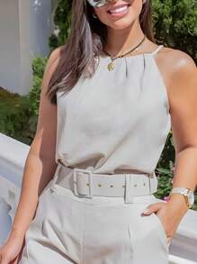 WOMEN'S SET OF BLOUSE WITH STRAPS AND SHORTS WITH BELT. - 淺色水洗藍 - 查看 1