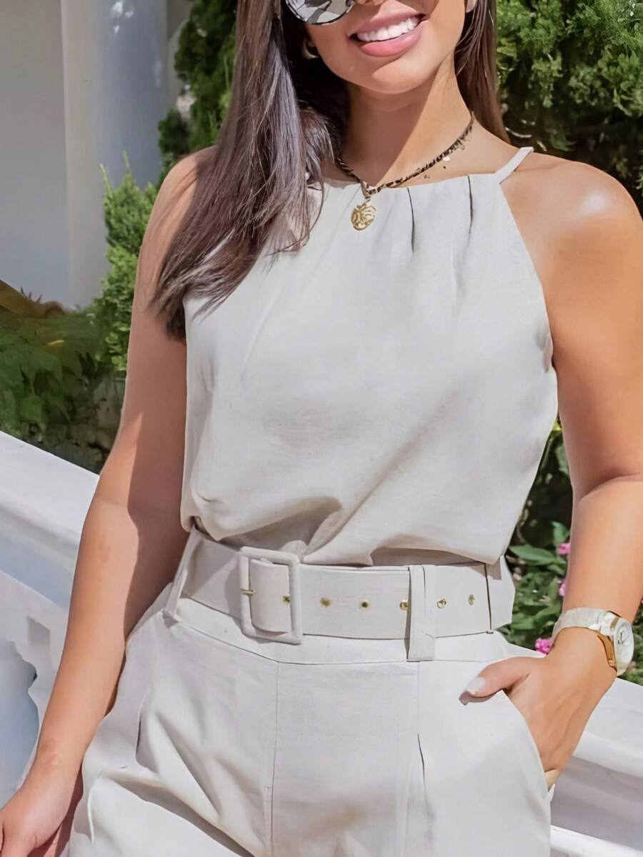 WOMEN'S SET OF BLOUSE WITH STRAPS AND SHORTS WITH BELT. - 淺色水洗藍 - 查看 1