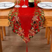 1 tấm khăn trải bàn Giáng sinh thêu màu đỏ khoét rỗng 15X70 inch, miếng lót bát đĩa, miếng lót bàn cà phê - Polyester, dệt máy dùng cho trang trí tiệc cưới, ngày lễ và mùa đông - Nhiều màu - Xem 5