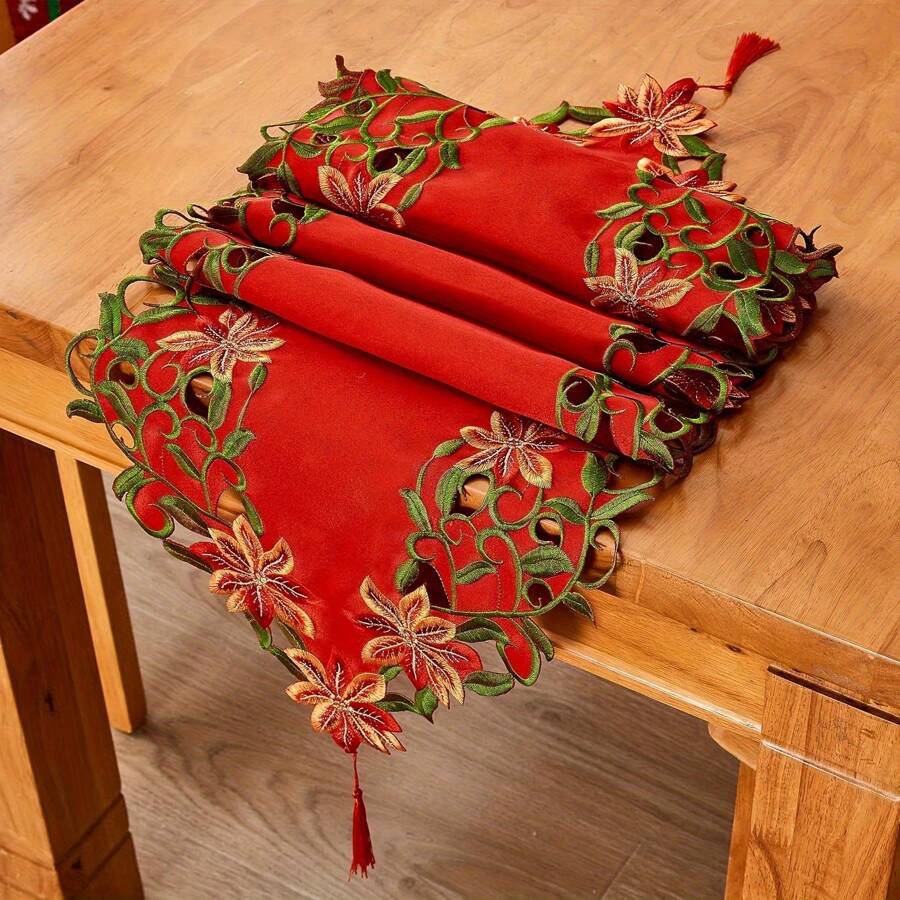 1 tấm khăn trải bàn Giáng sinh thêu màu đỏ khoét rỗng 15X70 inch, miếng lót bát đĩa, miếng lót bàn cà phê - Polyester, dệt máy dùng cho trang trí tiệc cưới, ngày lễ và mùa đông - Nhiều màu - Xem 1