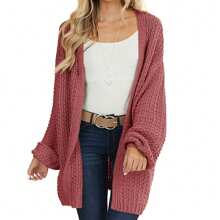 Womens Cardigan Solid Color Long Sleeve Open Front Chunky Knit Sweater Outwear - Đỏ - Xem 1