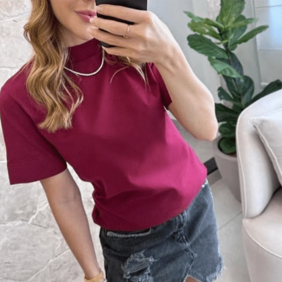 BLUSA T-SHIRT FEMININA GOLA ALTA MANGA CURTA - bordô - Visão 1