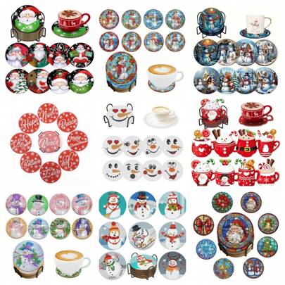 8 件钻石艺术杯垫套装带支架 - DIY 钻石艺术杯垫、防滑饮料杯垫、圣诞节假期钻石套装、圣诞礼物、节日装饰