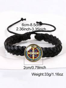 1pc Saint Benedict Medal Leather Bracelet, Adjustable Woven Rope Bracelet For Men - Bracelet - View 3