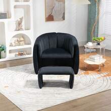 Coolmore Accent Chair With Ottoman, Mid Century Modern Barrel Chair Upholstered Club Tub Round Arms Chair For Living Room Bedroom Office - 黑色 - 查看 5