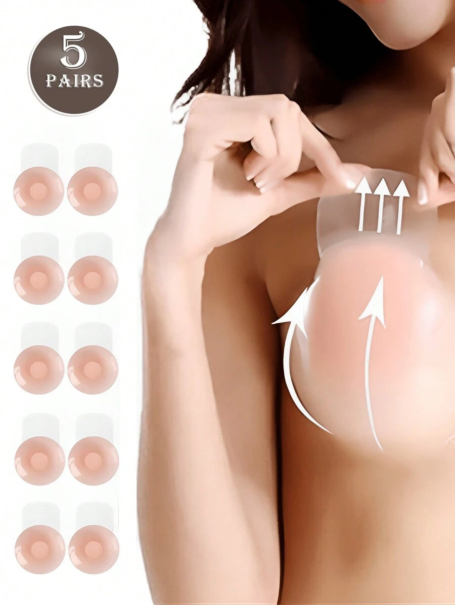 5 对女士可重复使用、可升降、可粘性胸罩乳头贴，适合胸部较小、肤色圆润的女性，硅胶隆胸带，帮助使用硅胶乳房贴片将乳房向上抬起，防止私密部位暴露