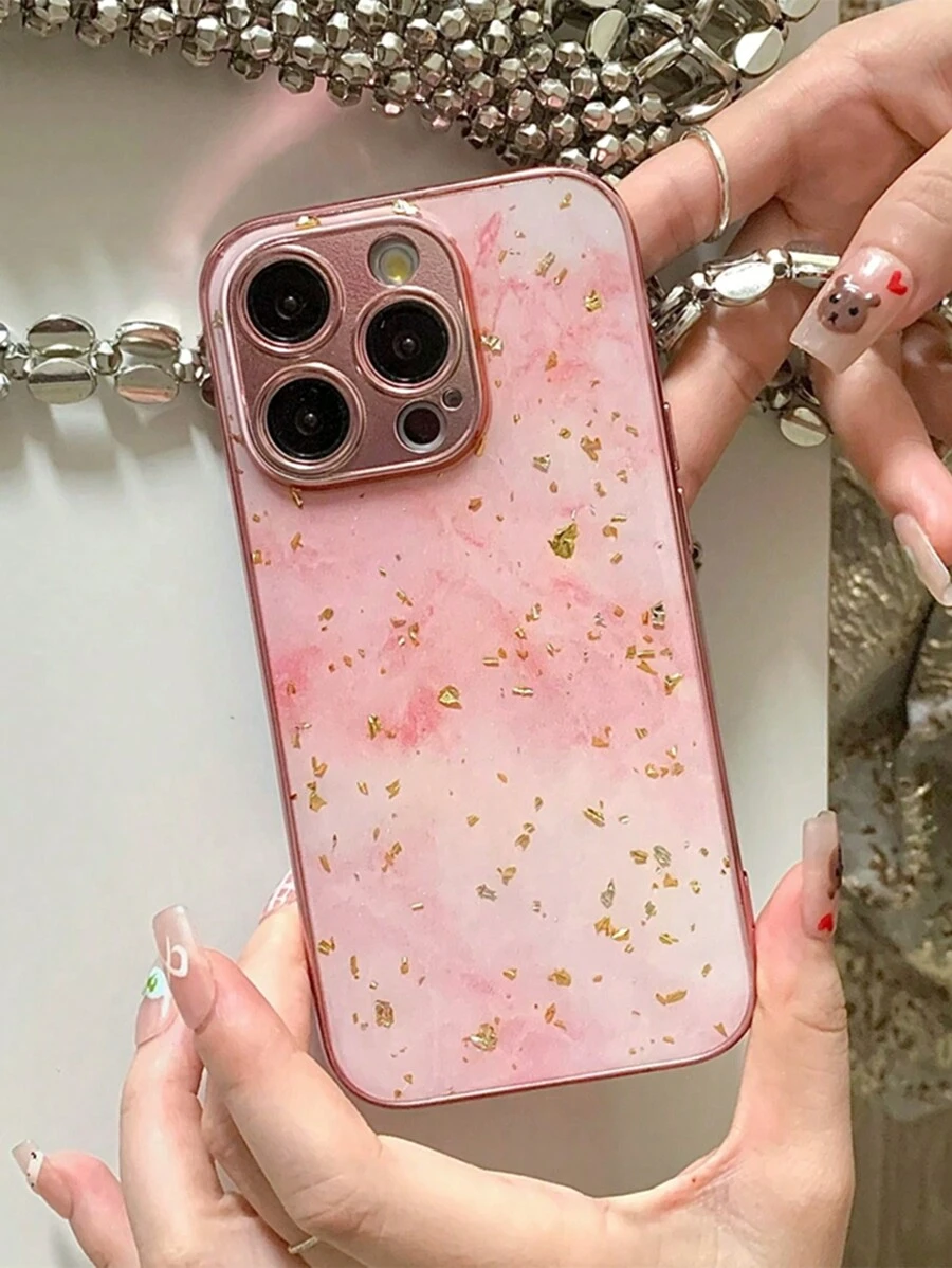 Glitter Pink Marble Texture Phone Case Compatible With IPhone 15 14 13 12 Pro Max Plus 11 Luxury Epoxy Gold Foil Cover Lens Protection Electroplated Cover Compatible With Apple Phone - Gradient Pink - View 1