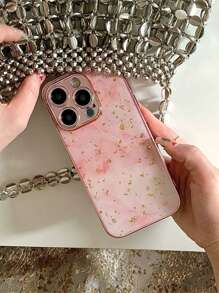 Glitter Pink Marble Texture Phone Case Compatible With IPhone 15 14 13 12 Pro Max Plus 11 Luxury Epoxy Gold Foil Cover Lens Protection Electroplated Cover Compatible With Apple Phone - Gradient Pink - View 3
