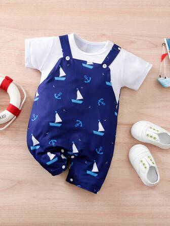 1pc Nautical Sailboat Fake Strap Baby Romper, Summer Baby Outfits