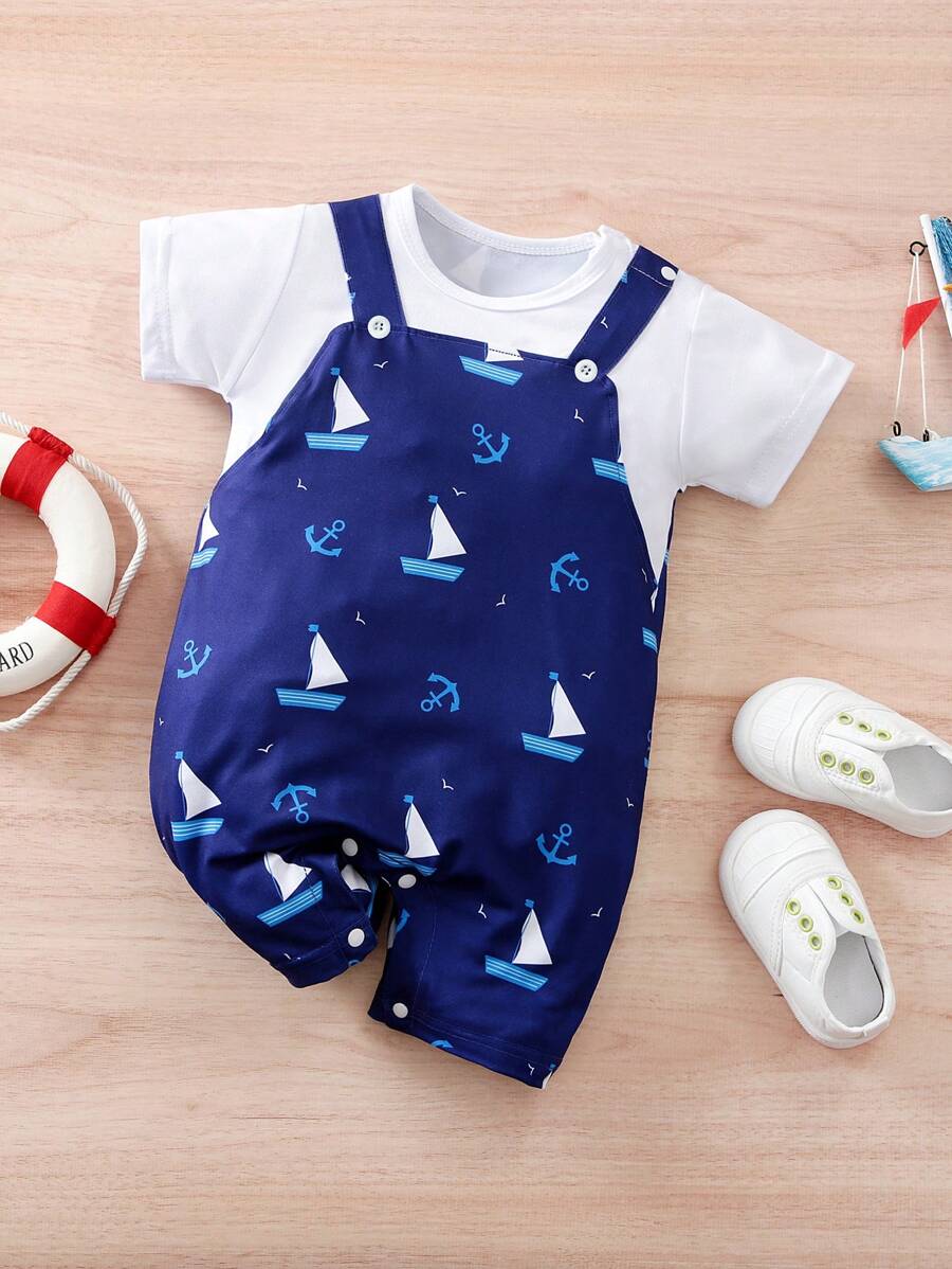 1 件航海帆船假肩带婴儿连体衣，夏季婴儿服装