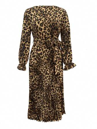 Women's Spring/Summer Leopard Print Long Sleeve Pleated Hem Elegant Dress