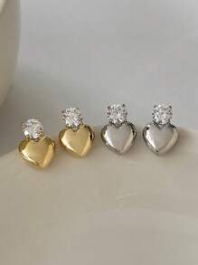 1 对简约方晶锆石心形耳钉，设计独特 - 愛心 - 查看 1