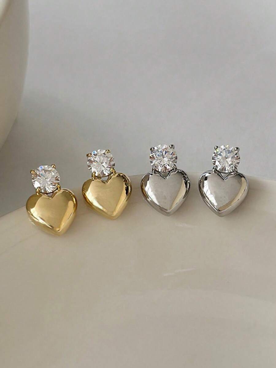 1 对简约方晶锆石心形耳钉，设计独特 - 愛心 - 查看 1