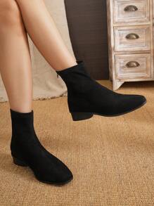 2024 年春秋季时尚复古女式绒面粗跟踝靴 - 黑色 - 查看 5