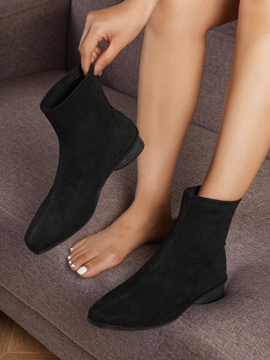 2024 年春秋季时尚复古女式绒面粗跟踝靴 - 黑色 - 查看 1