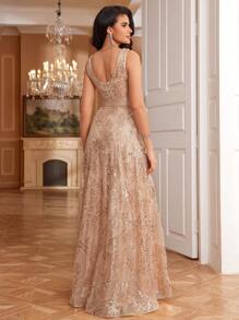 Đầm dạ hội dài đến sàn, không tay, ôm eo, cổ chữ V, không đính sequin và thêu họa tiết của BluePlum dành cho nữ, thanh lịch, trang trọng (đính kèm nhiều chi tiết) cho đám cưới mùa xuân. - Rượu sâm banh - Xem 7