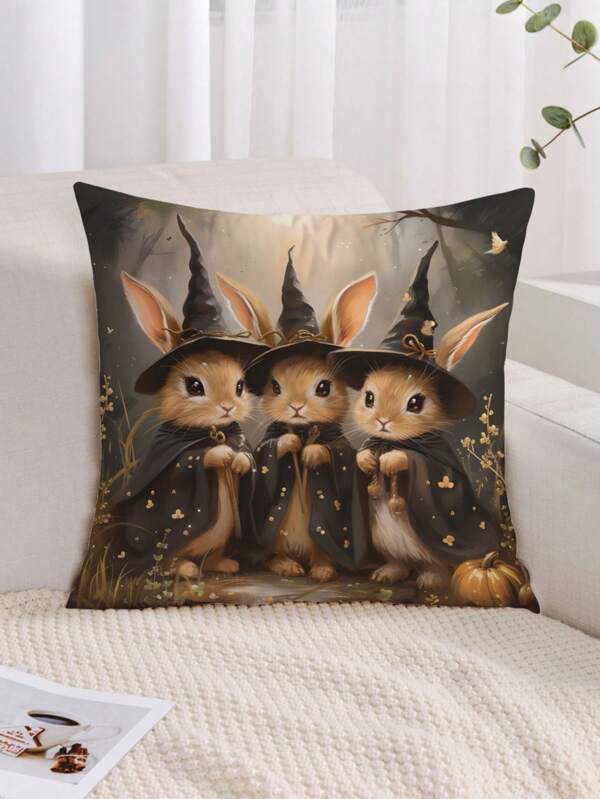 1 pièce Taie d'oreiller décorative à imprimé lapin, housse de coussin en tissu simple et doux avec impression pour la décoration de la maison et du canapé (sans rembourrage inclus)
