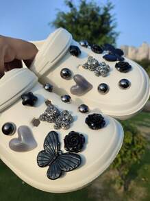 20pcs Detachable Black Bear, Butterfly & Flower Shoe Decoration Charms For Hollow Out Clogs/Beach Sandals