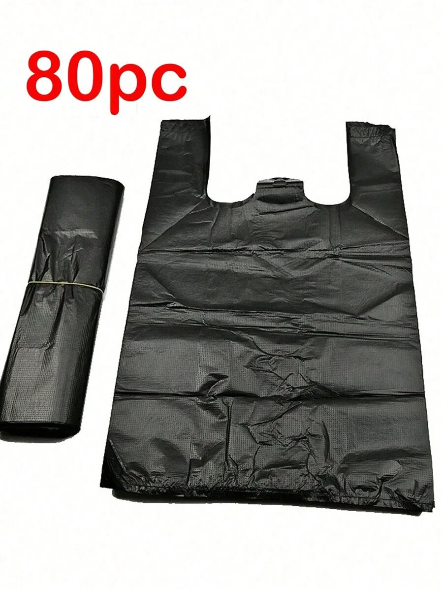 80/160 件黑色塑料背心袋，可重复使用的购物袋，垃圾袋，超市用加厚一次性塑料袋， - 黑色 - 查看 1