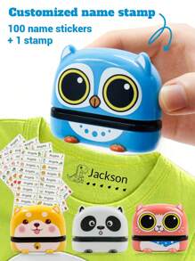 100pcs Name Stickers And 1pc Cartoon Name Stamp For Clothing Back To School Supplies For Kids, Waterproof Name Stamps Personalized And Business Use, Custom Name Stamp For Clothing, Handwritten Signature Stamp, Name Label, DIY Customized Cartoon Self Inking Name Seal Stamp - Blue - View 2