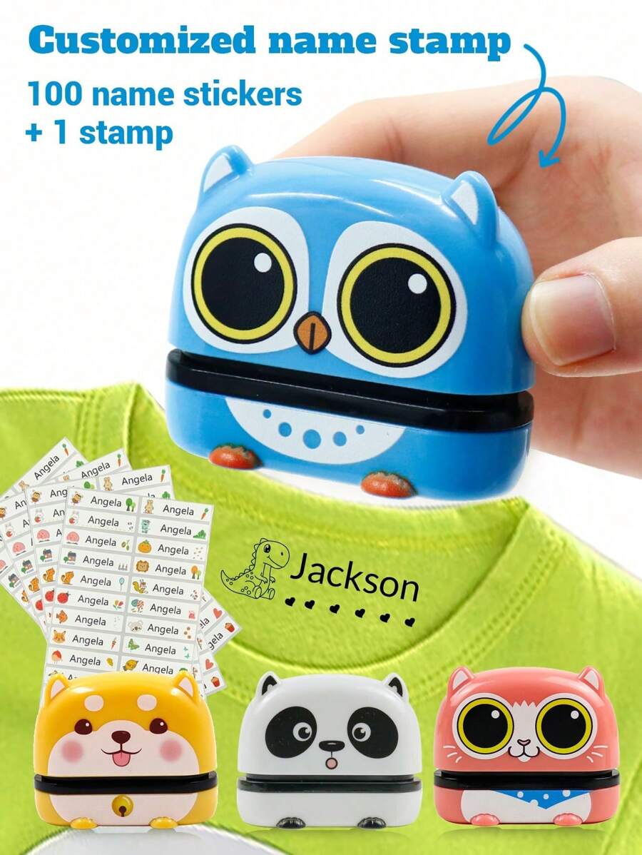 100pcs Name Stickers And 1pc Cartoon Name Stamp For Clothing Back To School Supplies For Kids, Waterproof Name Stamps Personalized And Business Use, Custom Name Stamp For Clothing, Handwritten Signature Stamp, Name Label, DIY Customized Cartoon Self Inking Name Seal Stamp