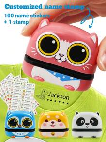 100pcs Name Stickers And 1pc Cartoon Name Stamp For Clothing Back To School Supplies For Kids, Waterproof Name Stamps Personalized And Business Use, Custom Name Stamp For Clothing, Handwritten Signature Stamp, Name Label, DIY Customized Cartoon Self Inking Name Seal Stamp - Blue - View 3